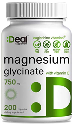 Magnesium Glycinate 750mg Plus Vitamin C, 200 Capsules | 100% Chelated | Supports Leg Cramps, Stress Relief & Sleep - Extra Strength Magnesium Supplement