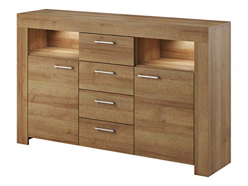 Preisvergleich Produktbild Mirjan24 Kommode Willson SK155, Highboard, Sideboard, Anrichte, Mehrzweckschrank, Wohnzimmerschrank, Schrank, Wohnzimmer (Riviera Eiche, mit weißer LED Beleuchtung)
