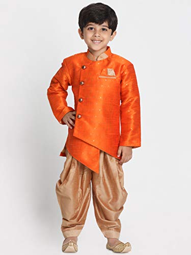 Image of JBN Creation Light Blue Cotton Silk Blend Boys Indo Wstern Style Sherwani Set