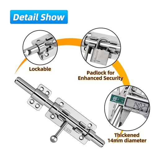 Image of Barrel Bolt Latch, 7.9 inch Heavy Duty Gate Latch Slide Lock Solid 304 Stainless Steel Bolt Lock for Inside Door, Finished Shed Door Latch (Silver)