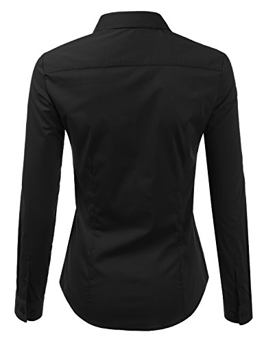 Doublju Womens Slim Fit Plain Classic Long Sleeve Button Down Collar Shirt Blouse Black Medium