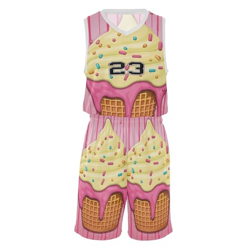 FLildon Ice Cream Pink Boys Basketball Jersey Set Tank Top Shorts Tracksuit Sport Training Suit for Kids, XL