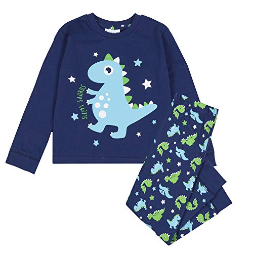 Minikidz Little Monster Pijama de manga larga para niño, diseño de dinosaurio y tiburón, 100 % algodón, conjunto de 2 piezas Azul Saurus dormido 5-6 Años