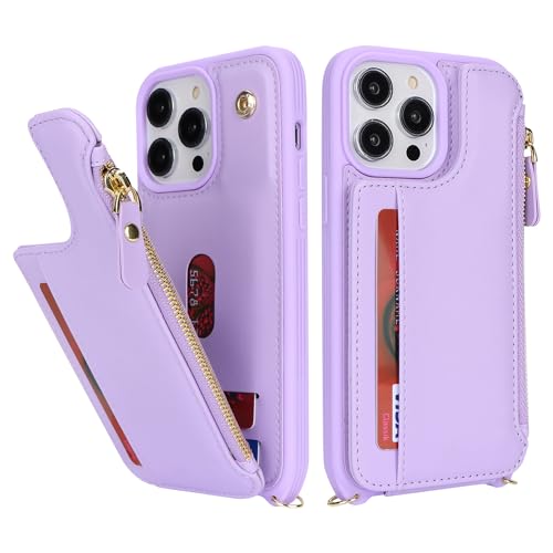 Image of Cavor for iPhone 14 Pro Wallet Case with Card Holder for Women,for iPhone 14 Pro Case with Strap,Crossbody Lanyard and Wristlet Zipper Pocket Phone Cover-Purple