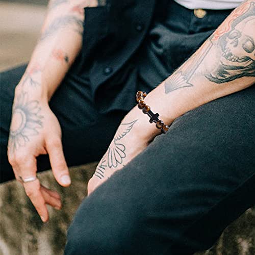 Ximeo 8Pcs Cross Beads Bracelet Set - Lava Rock Howlite Turquoise Tiger Eye Stone Natural Stone Bracelet Stretch Elastic Healing 8Mm Beads Bracelet #TOP5