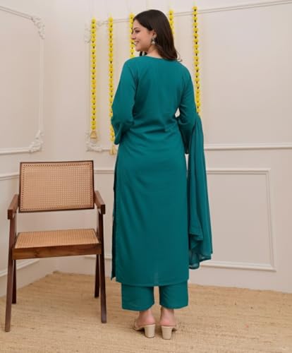 Image of ANNI Designer Pure Cotton Embroidered Kurta Set for Women | Rust Orange Kurta with Pants & Dupatta | Floral Neck & Hem Embroidery | Cotton Kurta Set for Women | 10 Colour Options Available