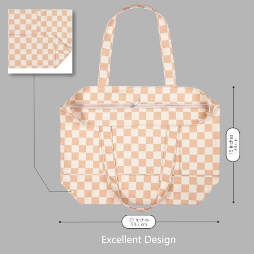 Image of TOPDesign 1-Pack Canvas Tote Bag with an External Pocket, Reusable Grocery Shopping Bag, Top Zipper Closure, Daily Essentials (Khaki Checkered)