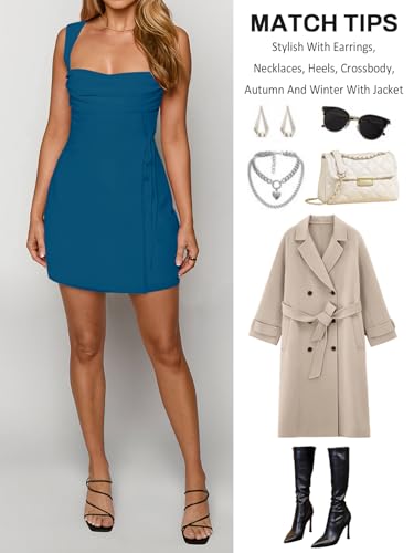 Image of Women's Sexy Ruched Mesh Midi Short Dresses for Women Square Neck Fitted Elegant Club Party Cocktail Dress