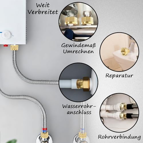 CONJURAIDE 2 Stück Reduzierung 1 Zoll auf 1/2 Zoll, Messing Reduzierstück 1 Zoll auf 1/2 Zoll mit Dichtung und Gewindedichtband Gewindefitting Adapter für Gartenhahn Wasserleitungen AGØ20mm x IGØ31mm