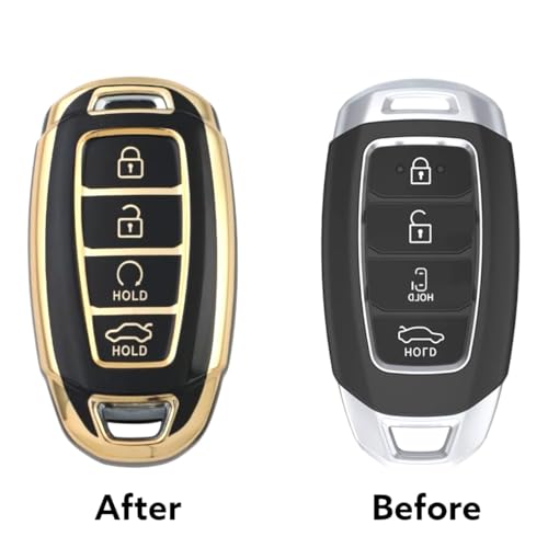 Image of TPU Car Key Cover Black & Golden Compatible for Hyundai New Verna 2020, Tucson 2021 (Hyundai, 4 Button Push Start Key New)