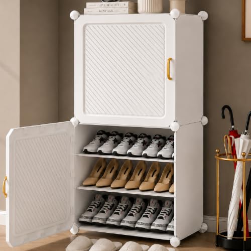 Image of EXVITO Plastic Shoe Rack for Home with Door, 2-Door Shoe Storage Cabinet | 6-Shelfs for 18 Pairs | Waterproof & Portable DIY Shoe Slipper & Chappal Stand for Entryway /Bedroom - White