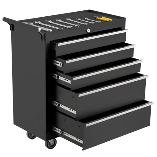 5-Drawer Tool Box with Wheels, 26 inch Rolling Tool Chest and Organizer for Garage & Workshop, Includes Detachable Top, Lockable Wheels and Sliding Drawers, Essential Tool Chest Cabinet Organizer