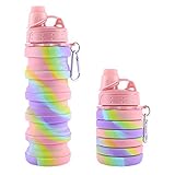 MAKERSLAND Rainbow Collapsible Sports Water Bottle for Kids, Students, Reusable BPA Free Silicone Foldable Water Bottles for Travel Camping Hiking, Pink
