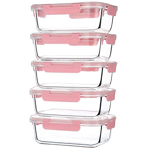 CREST Recipientes de Vidrio para Almacenamiento de Alimentos, Juego de 5 de 1040 ml, recipientes de Vidrio, sin BPA, Aptos para lavavajillas, microondas y congelador, Rosa