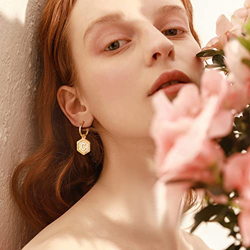U7 Women Girls Initial Earrings Sterling Silver Post 18K Gold Plated Open Cuffs Hoop With 26 A-Z Hexagon Letter Drop Earrings, Custom Text Back Side #TOP6
