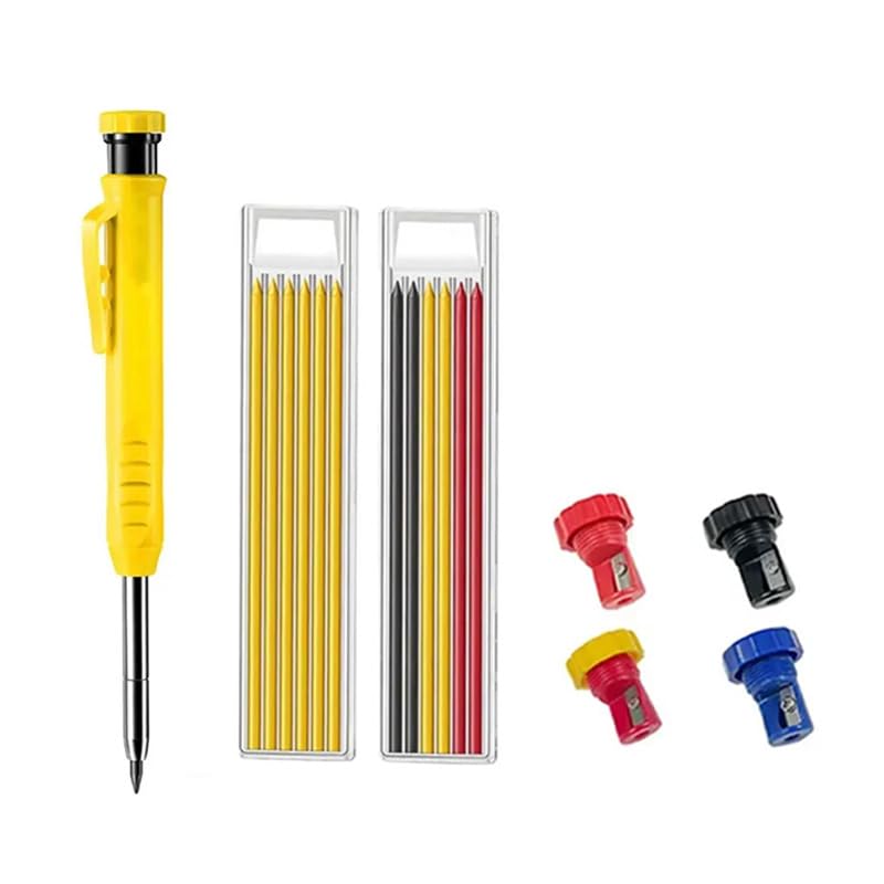 Juego de 4 lápices de carpintero, marcador de agujero profundo, marcador de agujero, lápiz mecánico, sacapuntas integrado para carpintería (amarillo)