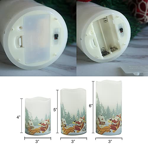 Image of CANDLE CHOICE Christmas Flameless Candles with Remote Timer Real Wax Realistic Flickering Battery Operated Electric LED Pillars with Decals Santa Claus Reindeer Snowman Xmas Tree Decorations 3 Pack