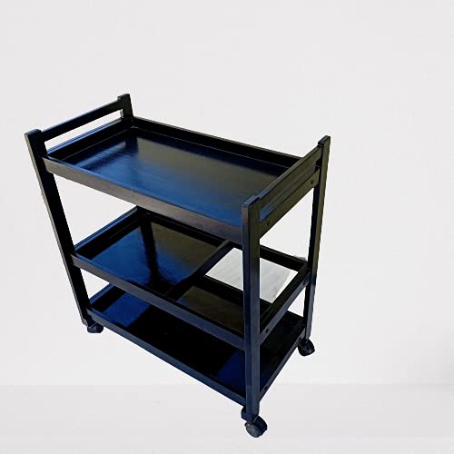Image of 3-Tier Solid Wood Rolling Bar Cart - Wine Serving Cart & Kitchen Storage with Seasoning Rack (Brown Polish) - Style 14