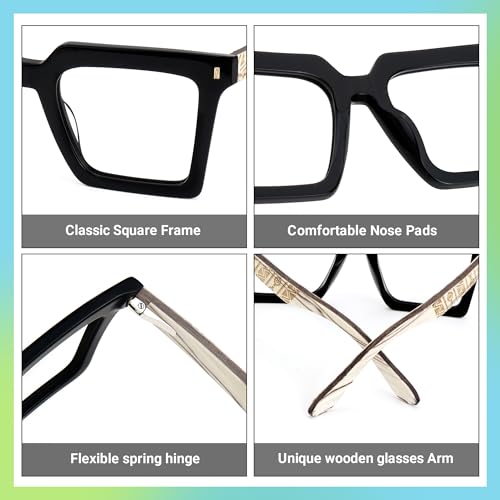 Image of Zeelool Vintage Square Wood Arm Eyeglasses Frame for Men with Non-prescription Clear Lens ZJGX320783-01 Black