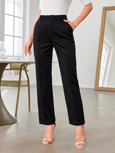 Women's Button Business Dress Pants High Waisted Stretchy Straight Trousers Slacks