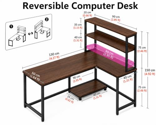 Image of Reversible L Shaped Computer Table with Storage Shelves | Rustic Brown Wooden Study Desk with Black Matte Metal Frame | Home Office Workstation | Writing Desk for Laptop & PC| 130x50x150 cm