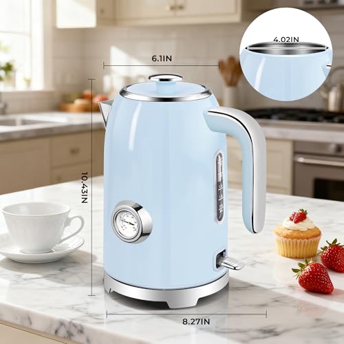 Image of SUSTEAS Electric Kettle - 57oz Hot Tea Kettle Water Boiler with Thermometer, 1500W Fast Heating Stainless Steel Tea Pot, Cordless with LED Indicator, Auto Shut-Off & Boil Dry Protection, Blue