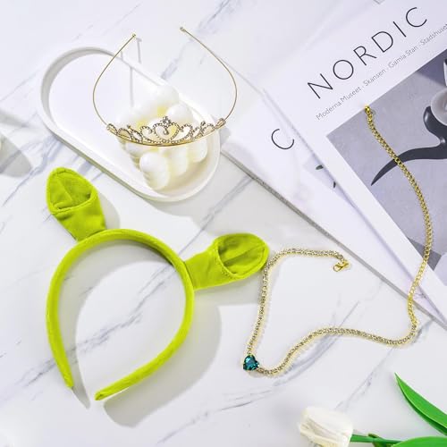 NALACAL 3Pcs Green Plush Ogre Ears Headband Gold Crown Heart Necklace, Monster Costume Party Accessories, Halloween Christmas Festival Theme Party Adult/Kids Cosplay Headwear Set