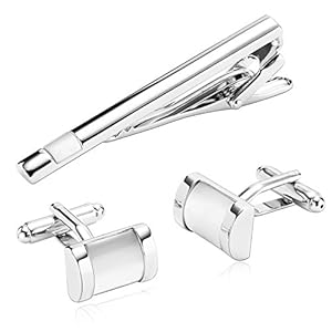 AmDxD Tie Clips Manchetknopen Set Zilver Wit Rechthoek Manchetknopen en Tie Clip Set RVS Tie Clip Bruiloft Set 1×1.6CM