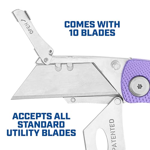 Image of Sheffield 12346 Lock Back Utility Knife 4 Pack with 10 Utility Knife Blades | Box Cutter with Aluminum Texture Grip Handle, Features Pocket Clip, Patented Quick Change Utility Blade Mechanism