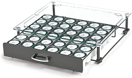 Hystun Coffee Capsules Holder, Crystal Tempered Glass Top Organizer Drawer Holder for k cup Coffee Pods Compatible with 36 Pods or More Small Pods, Grey (14.1" L * 12.6" W * 3.2" H)