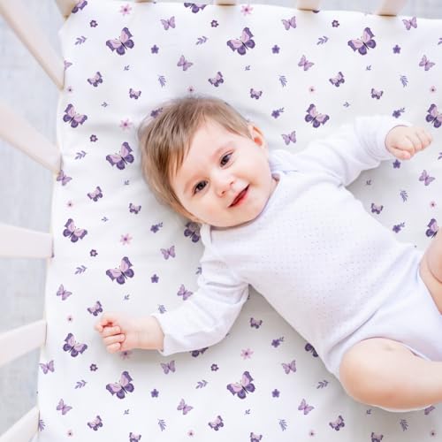 Image of 4 Pack Butterfly Baby Crib Sheets for Baby Girls Purple Crib Fitted Sheets for Standard Size Crib and Toddler Mattress Soft and Breathable (Pack N Play)