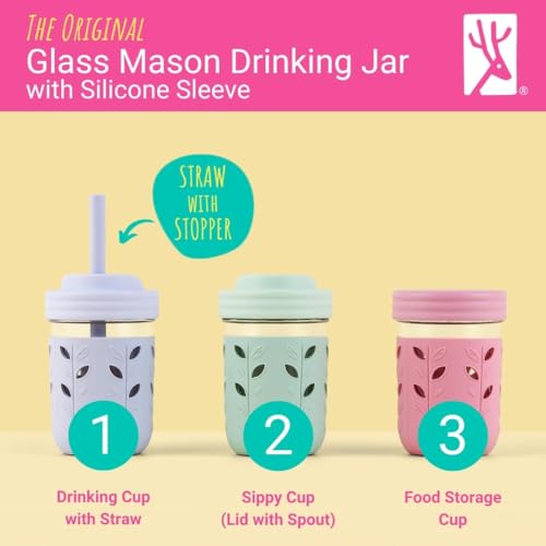 Image of Elk and Friends Kids + Toddler Glass Cups | The Original 8oz Glass Mason Jar with Sleeves + Lids | Silicone Straws + Stopper | Smoothie Cup | Food Storage | Spill Resistant | Dishwasher Safe | 8 Pack