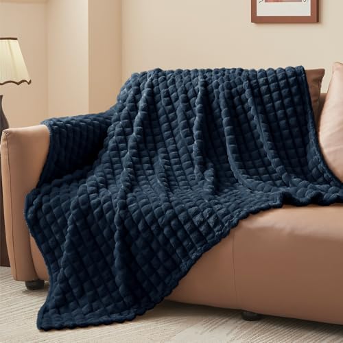 Image of BEDELITE 3D Checked Navy Fleece Throw Blanket for Couch, 50x70 Inch