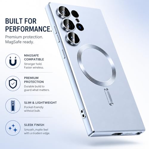 Image of DIZORO Samsung S24 Ultra Case, Compatible with Mag Safe, Matte Luxury Metallic Luster Flexible TPU Wireless Charging Shockproof Case with Camera Protector (Light Sierra Blue)