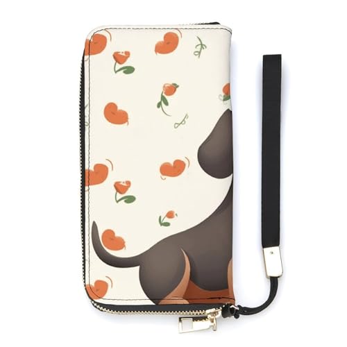 I Love My Dog Dachshunds Ladies' Leather Wallet With Hand Strap Slim Vertical Purse Wallets Card Case Long Zip Around Long Wallet Credit Cards Holder Phone Clutch