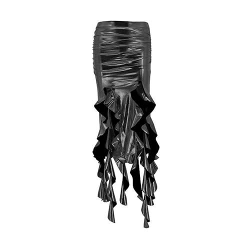 LXYZXZ Women Metallic Skirt Sparkly Skirt Y2K Silver Sexy Fringe Ruffle Slit Flowy Maxi Skirt Club Party Flowy Skirt (Black,Medium)