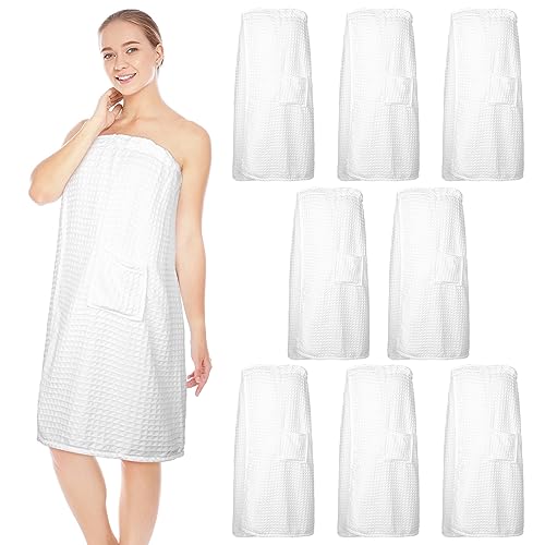 Tigeen 8 Pcs Waffle Body Bath Wrap for Women Knee Length Bath Towel Wrap with Pocket Adjustable Closure for Spa Shower