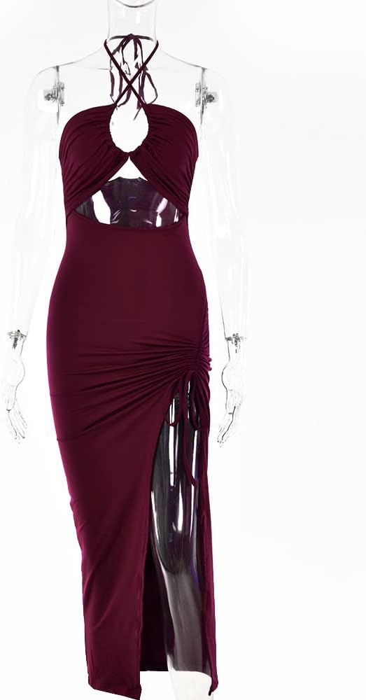Women's Y2K Summer Lace-up Halter Sleeveless Halter Maxi Dress Backless High Slit Cut-out Dress Party Club Dress