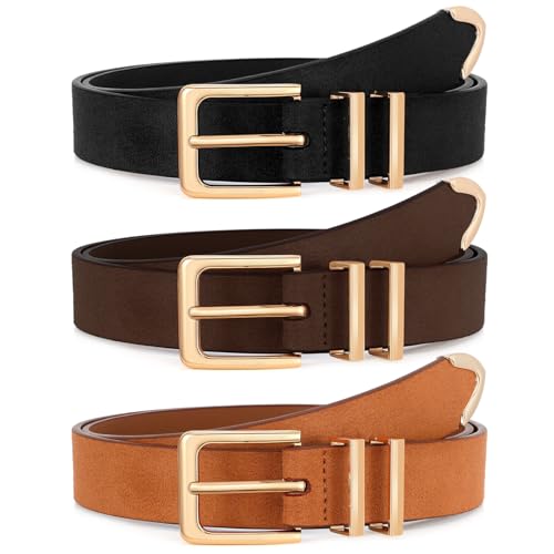 Image of XZQTIVE 3 Pack Women Belts For Jeans Dresses Pants Ladies Leather Waist Belt with Gold Buckle