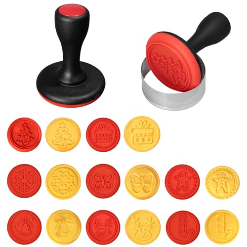 KATLINNA Sello para Galletas de Navidad Juego Sello Galletas con 8 Sellos, 1 Mango de plástico y 1 Cortador de Galletas Cookie, Fondant, Fruta, Decoración