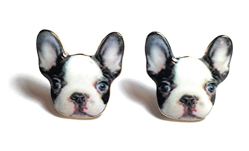 Preisvergleich Produktbild FizzyButton Geschenke Hundewelpen Gesicht Ohrstecker mit schwarzen und weißen Emaille Detail, in Geschenkkarton