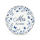 CHOIEO Mrs Ring Dish Jewelry Dish, Bride Mrs Est 2026 Wifey Engaged Trinket Tray, Ceramic Ring Holder Jewelry Tray with Blue Floral Design, Something Blue Bridal Shower Engagement (Mrs 2026)