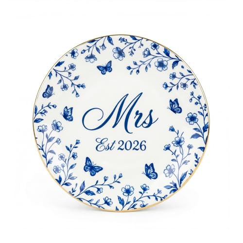 CHOIEO Mrs Ring Dish Jewelry Dish, Bride Mrs Est 2026 Wifey Engaged Trinket Tray, Ceramic Ring Holder Jewelry Tray with Blue Floral Design, Something Blue Bridal Shower Engagement (Mrs 2026)