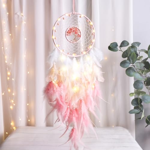 Dsaren Capteur De Rêves en Plumes Lumineux Fait Main Mobiles Attrape-Rêves Rétro Romantique Décor pour Fille Mobile Decoratif Maison Chambre Murale Voiture...
