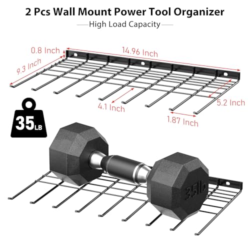 JUNNUJ-2-Pack-Power-Tool-Organzier-Wall-Mount-Heavy-Duty-8-Drill-Holder-Garage-Drill-Storage-Rack-Utility-Metal-Tools-Shelf-with-6-Layer-Slots-for-Screwdriver-Plier-and-Hammers-Organization-Black