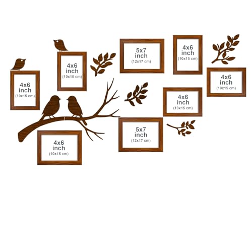 Image of Art Street Photo Frame Set Pack of 8 Piece with Decorative MDF Leaves & Birds Cutouts 4x6 inch & 5x7 inch Brown Photo Frames Wall Decor for Living Room, Family Photos Frame Set 13x18 cm & 10x15 cm
