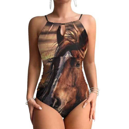 Maillot de bain une pièce femme ventre plat au motif de cheval du coucher du soleil
