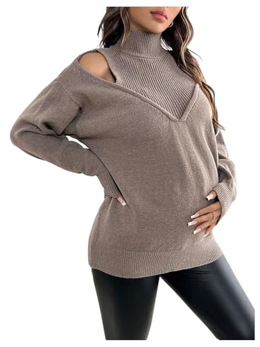 MakeMeChic Women's Maternity Turtleneck Sweater Cold Shoulder Mock Neck Long Sleeve Pullover Knit Tops Khaki X-Large
