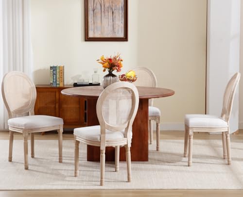 chairus Farmhouse Dining Chairs Set of 2, Round Rattan Back French Country Dining Room Chairs Vintage Fabric Upholstered Chair with Rustic Wood Legs, Beige 2 PCS - Thumbnail 5
