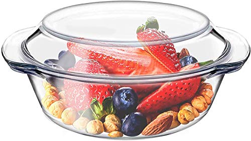 ISH Clear Round Glass Bowl Casserole with Lid Glass Bakeware Easy Grab Baking Dish, Microwave, Oven, Freezer, and Dishwasher Safe Set of 2 (1000 ml)
